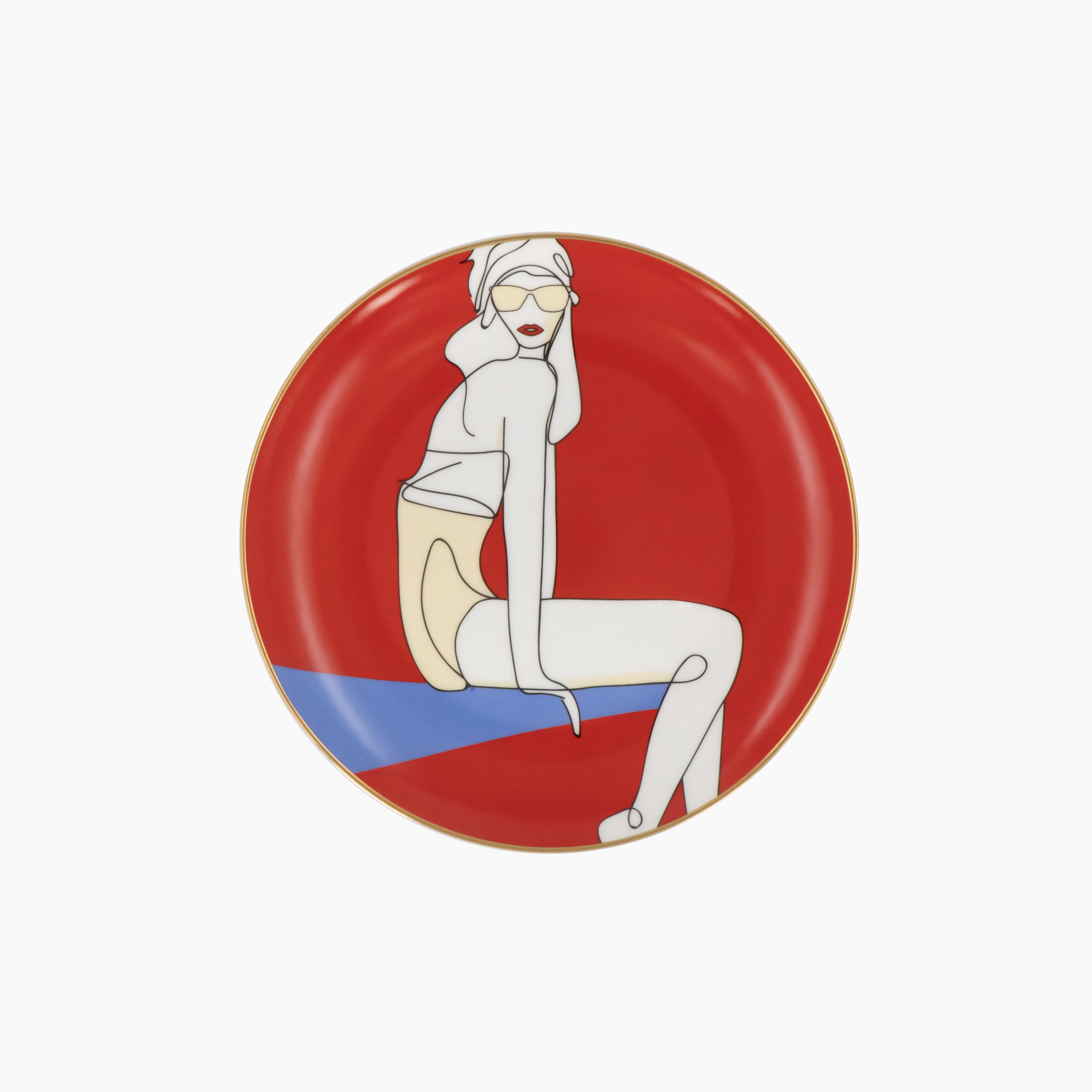 Red Salad Plate with 24K Gold rim with an image of a confident girl sitting on a ledge.